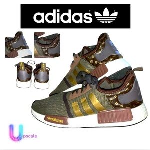 ADIDAS NMDs Gym Shoes in Olive Green, Brown, and Gold, Upscaled to FASHION, EUC